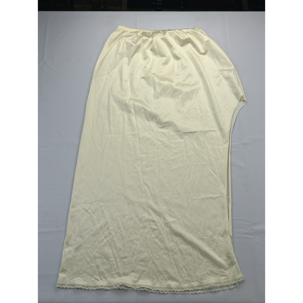 Vintage Vanity Fair Long Slip Skirt Small Ivory Nylon Lace Trim Side Slit USA